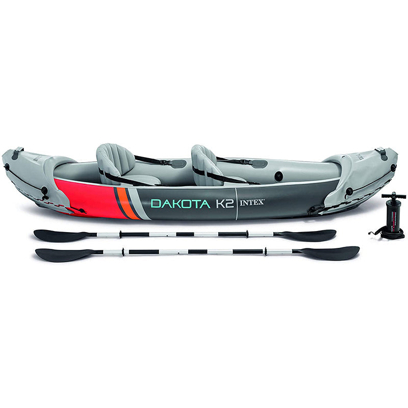 Intex Dakota K2 2-Person Heavy-Duty Vinyl Inflatable Kayak with 86-Inch Oars and Air Pump, Gray & Red